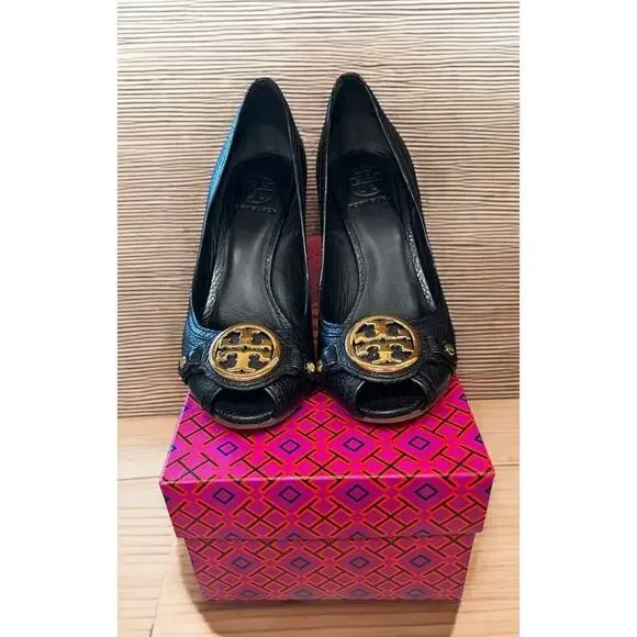 Tory Burch Leticia Peep Toe Leather Wedge Heels Size 7.5M - Picture 9 of 9